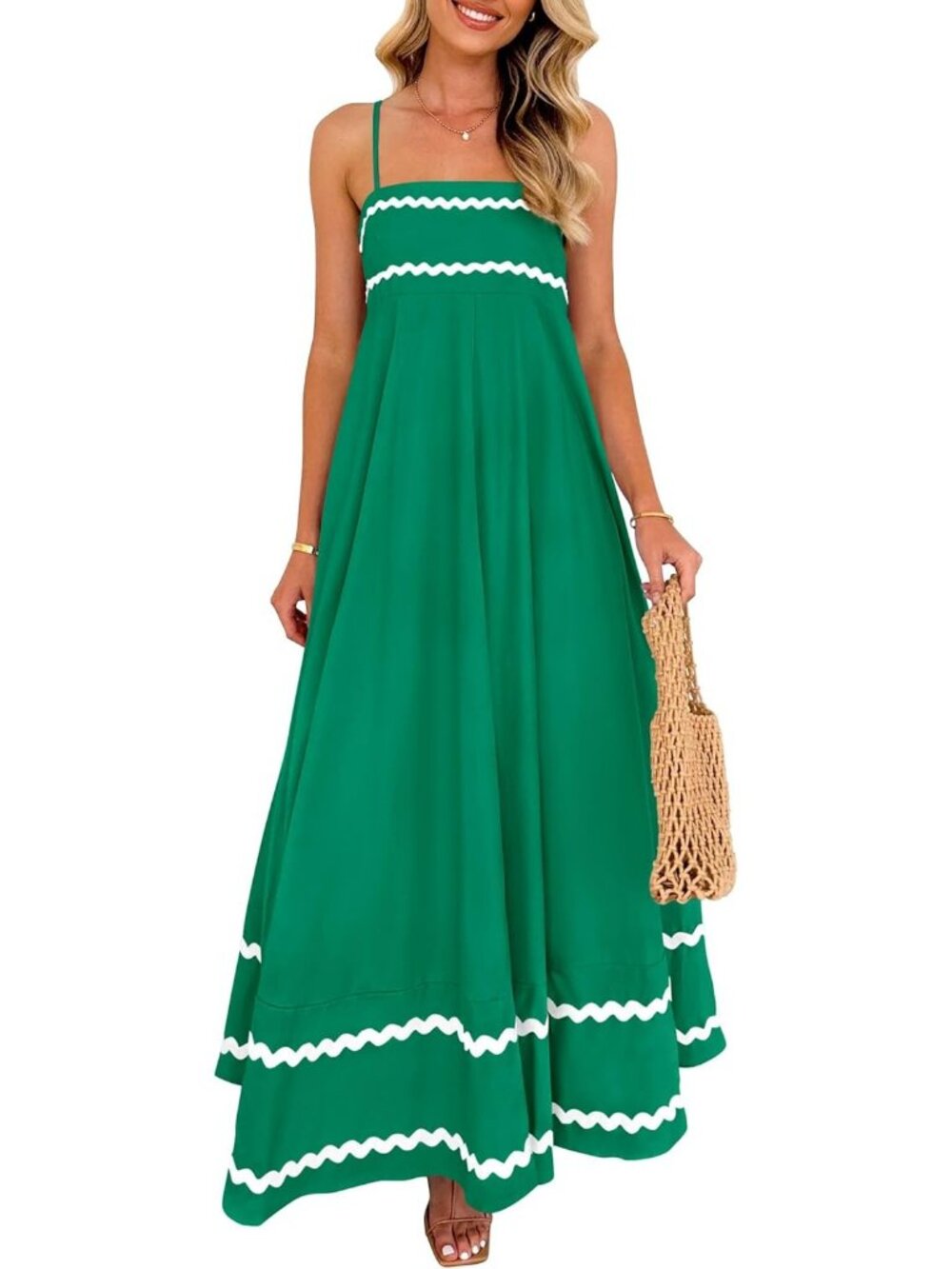 Women's Green Flowy Maxi Summer Sleeveless Strap Ruffle Beach Long Dress